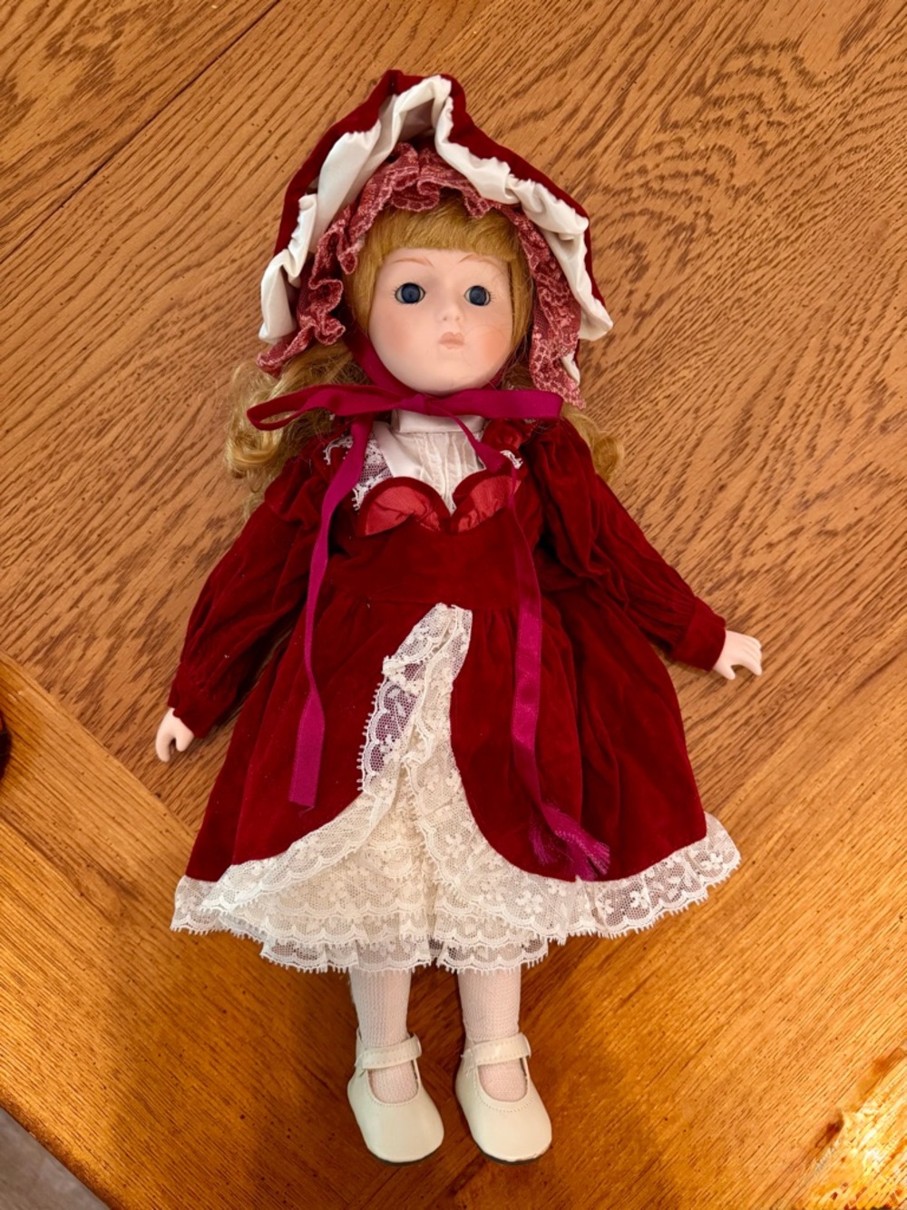 Vintage Red Velvet Dress Porcelain Doll